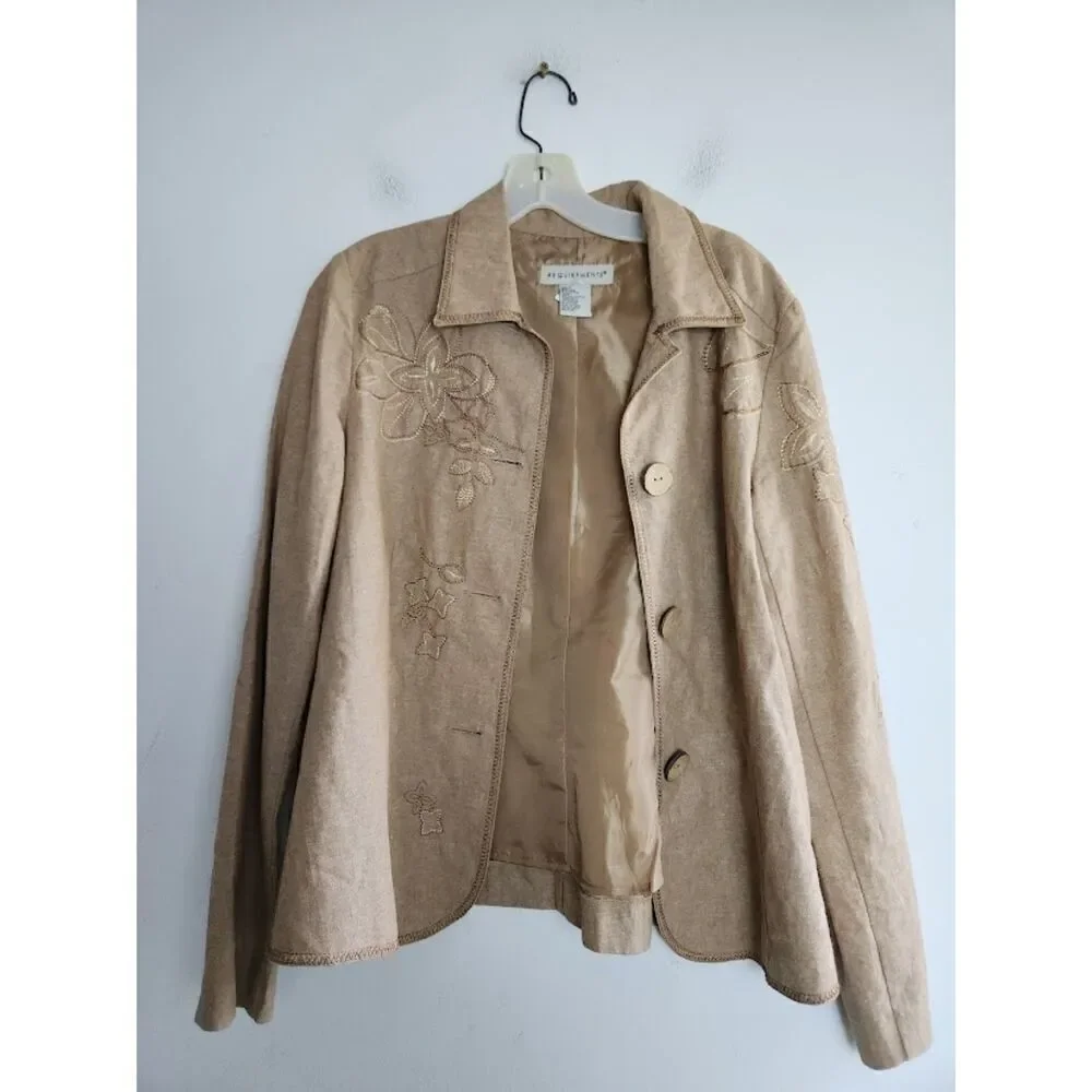 Requirements Women Tan Brown w/Floral Embroidery  Linen Jacket size Medium